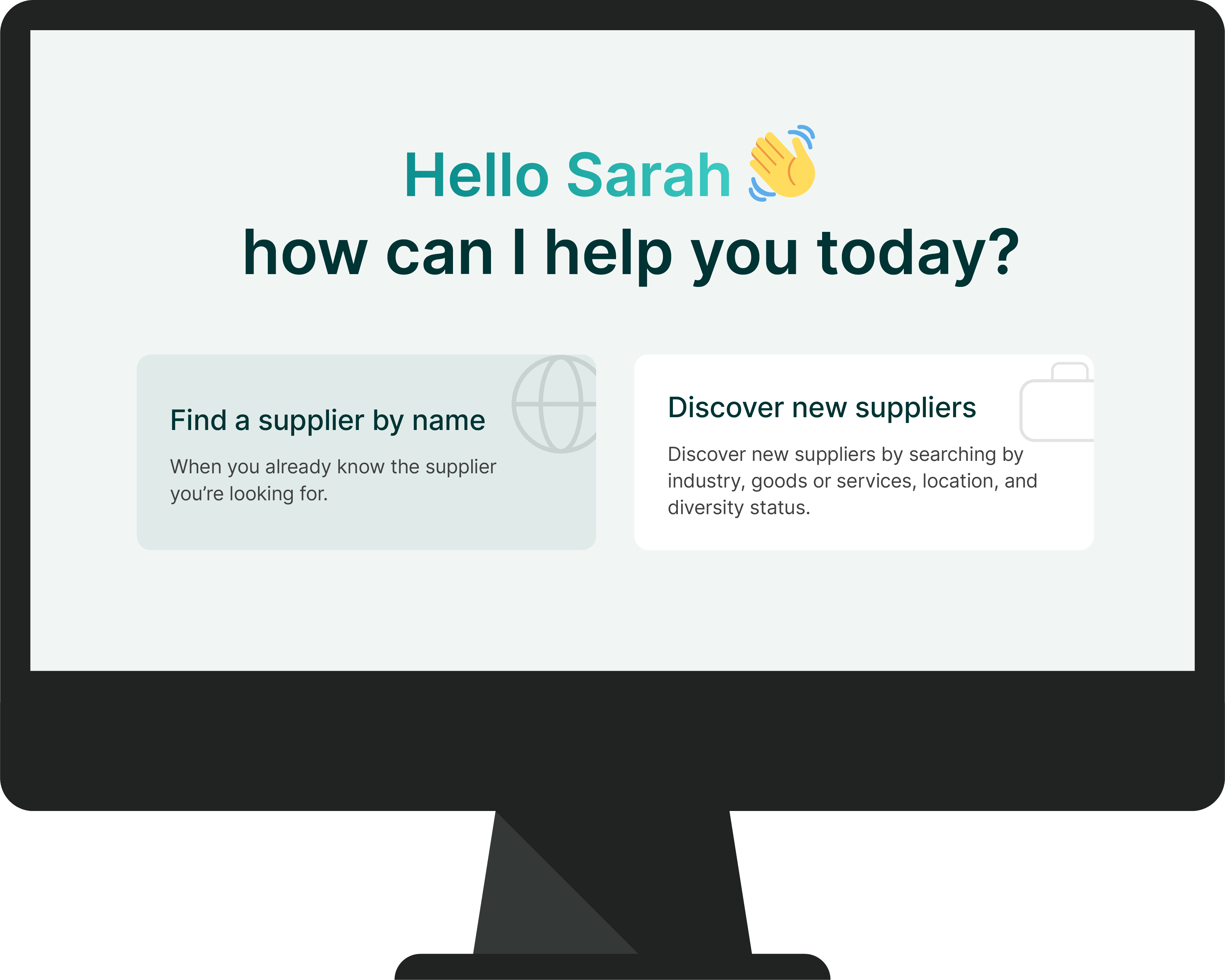 Aime's welcome screen is shown on a computer monitor. It says "Hello Sarah, how can I help you today?" It then shows two options: Find a supplier by name or Discover new suppliers.